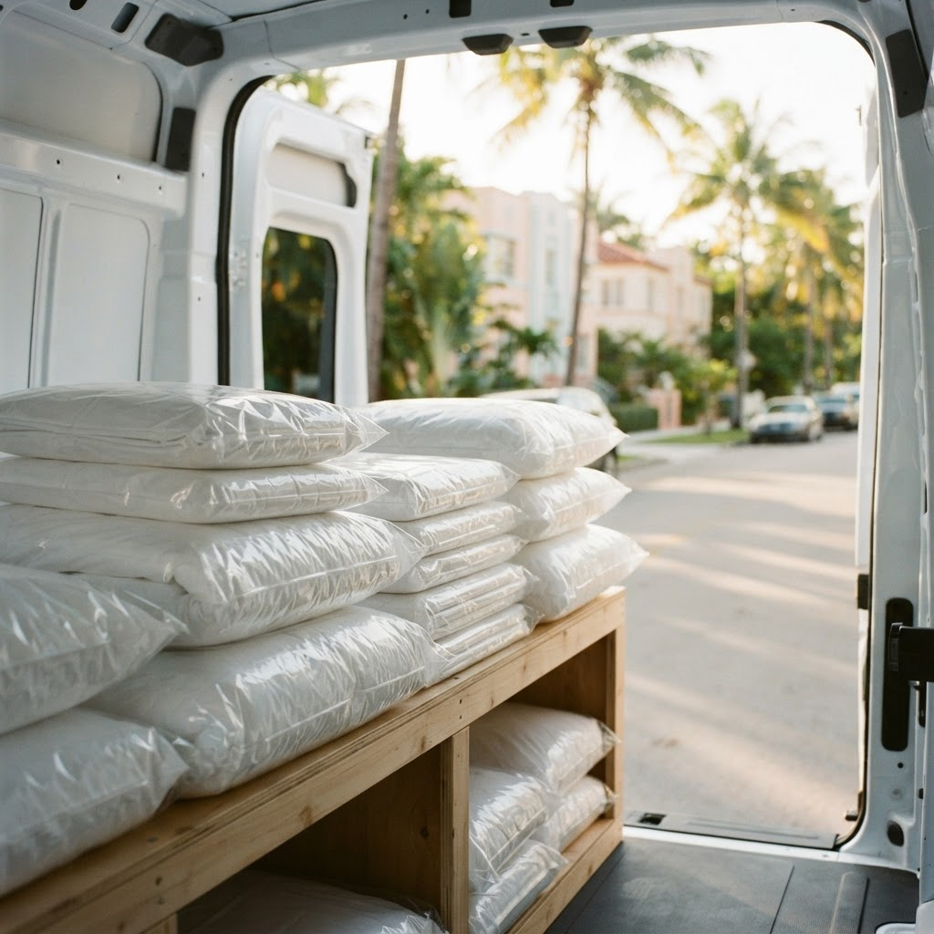 Freshly pressed bed linens in protective covers stacked in a delivery vehicle on a Miami street