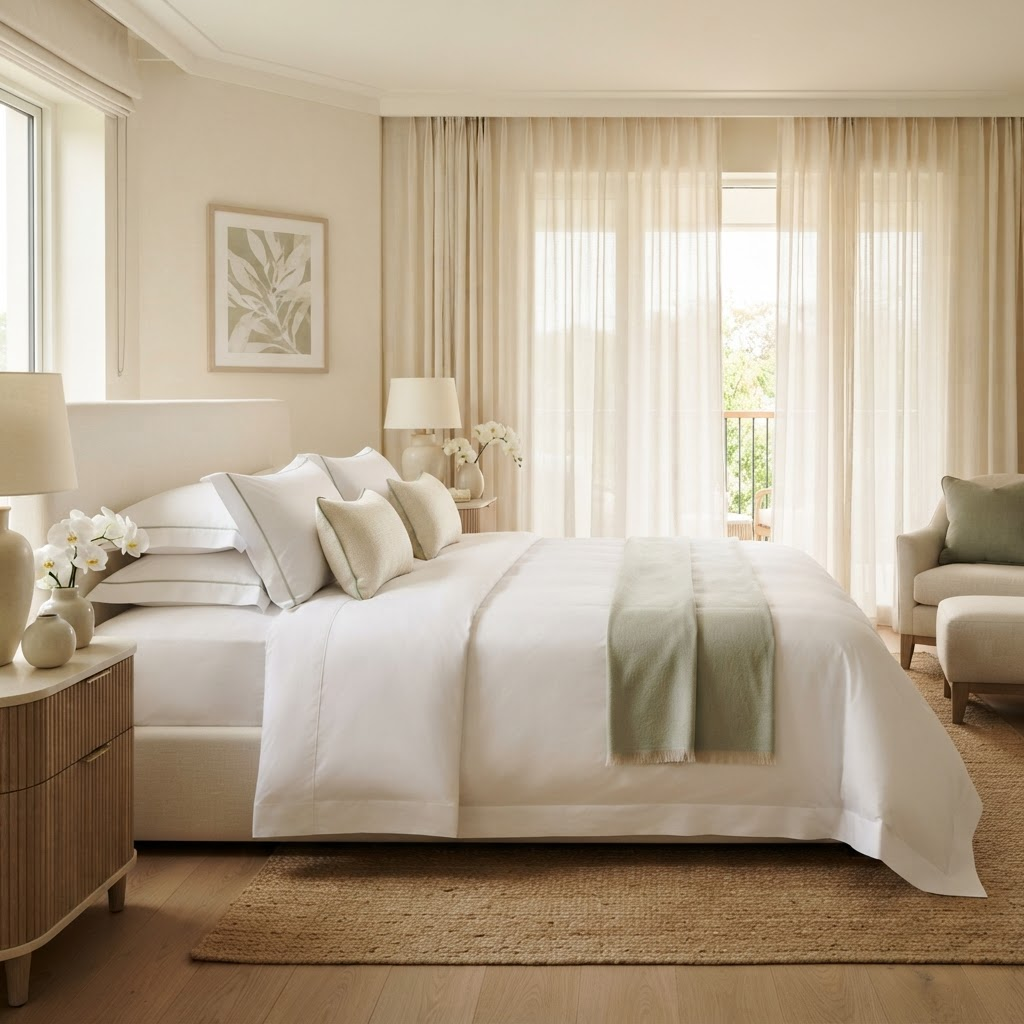 A luxury bed made up with crisply pressed white sheets, duvet cover and pillow shams