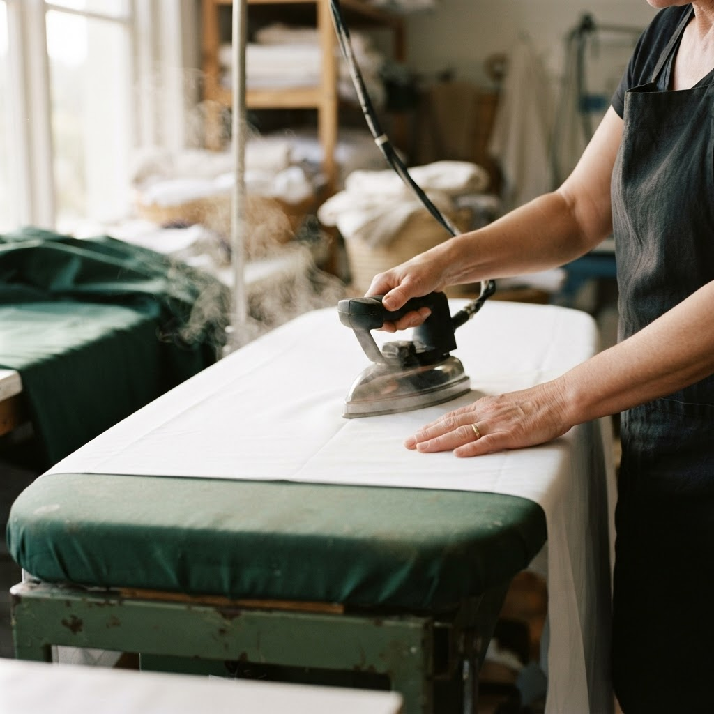 Hands pressing a large white cotton bed sheet with a professional steam iron